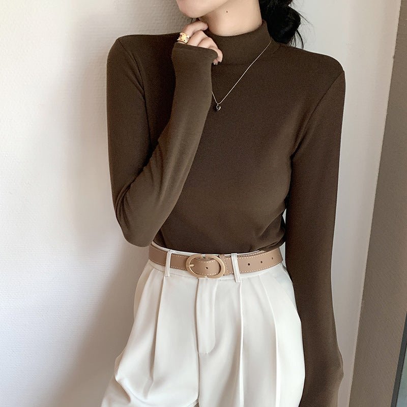 Women’s Semi - Turtleneck Double - Sided German Velvet Top – Thick Warm Long Sleeve Bottoming Shirt, Solid Color Slim Fit Pullover - Negative Apparel