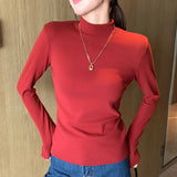 Women’s Semi - Turtleneck Double - Sided German Velvet Top – Thick Warm Long Sleeve Bottoming Shirt, Solid Color Slim Fit Pullover - Negative Apparel