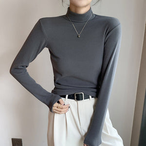Women’s Semi - Turtleneck Double - Sided German Velvet Top – Thick Warm Long Sleeve Bottoming Shirt, Solid Color Slim Fit Pullover - Negative Apparel