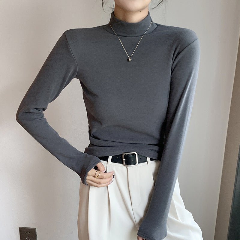 Women’s Semi - Turtleneck Double - Sided German Velvet Top – Thick Warm Long Sleeve Bottoming Shirt, Solid Color Slim Fit Pullover - Negative Apparel