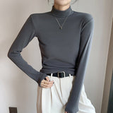 Women’s Semi - Turtleneck Double - Sided German Velvet Top – Thick Warm Long Sleeve Bottoming Shirt, Solid Color Slim Fit Pullover - Negative Apparel
