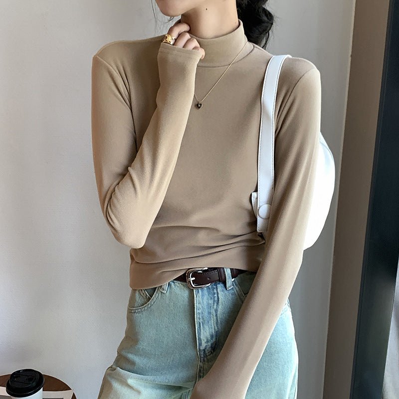 Women’s Semi - Turtleneck Double - Sided German Velvet Top – Thick Warm Long Sleeve Bottoming Shirt, Solid Color Slim Fit Pullover - Negative Apparel