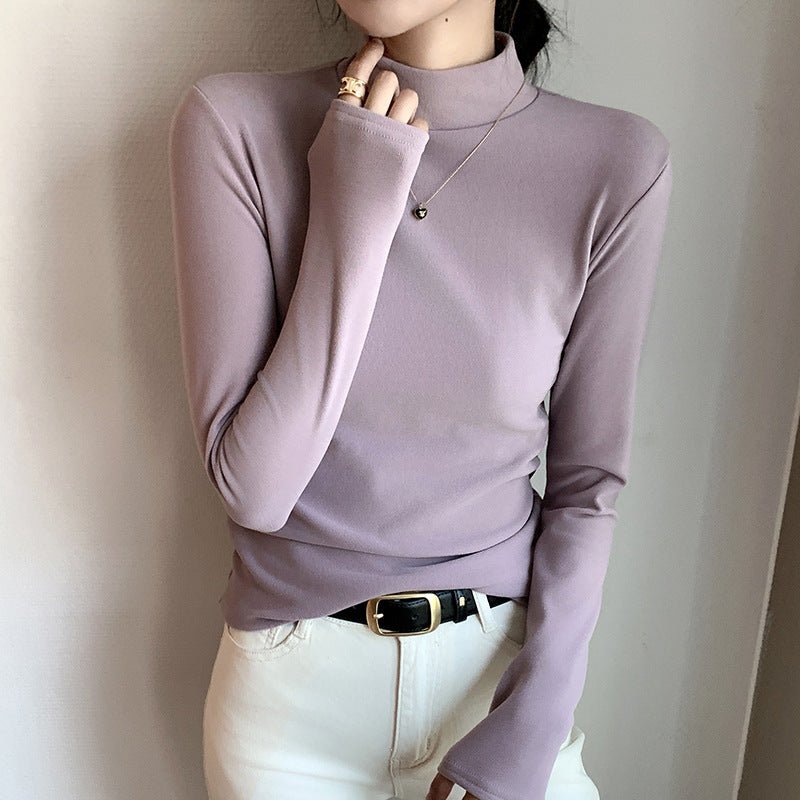 Women’s Semi - Turtleneck Double - Sided German Velvet Top – Thick Warm Long Sleeve Bottoming Shirt, Solid Color Slim Fit Pullover - Negative Apparel