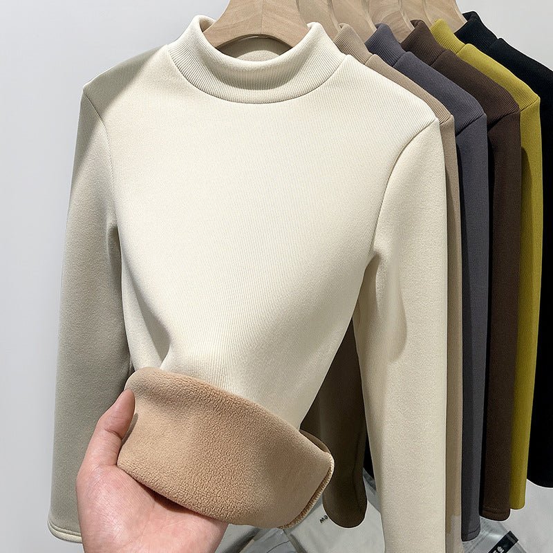 Women’s Semi - Turtleneck Knitted Fleece Top – Slim Fit Thermal Long Sleeve Bottoming Shirt, Warm Inner Pullover for Autumn Winter - Negative Apparel