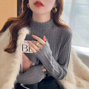 Women’s Semi - Turtleneck Solid Color Knit Sweater | Long Sleeve Casual Pullover – Autumn 2025 - Negative Apparel