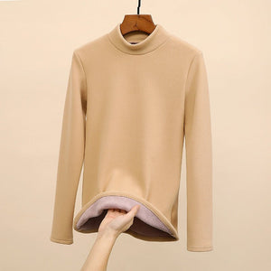 Women’s Semi - Turtleneck Velvet Slim Top – High - Stretch German Velvet Long Sleeve Shirt, Sweet Girl Style Winter 2025 - Negative Apparel