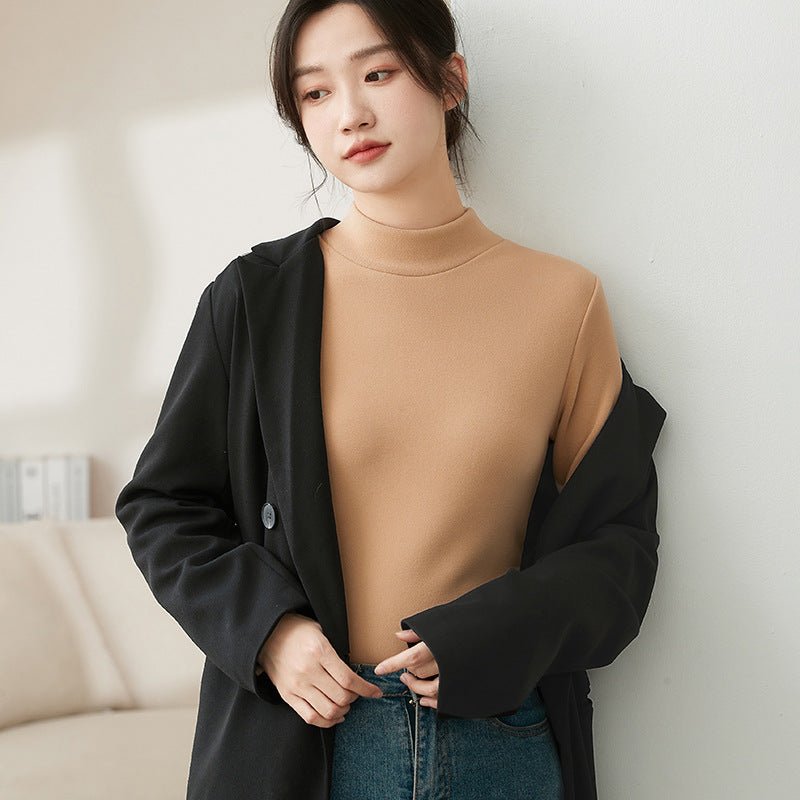 Women’s Semi - Turtleneck Velvet Slim Top – High - Stretch German Velvet Long Sleeve Shirt, Sweet Girl Style Winter 2025 - Negative Apparel