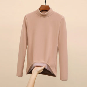 Women’s Semi - Turtleneck Velvet Slim Top – High - Stretch German Velvet Long Sleeve Shirt, Sweet Girl Style Winter 2025 - Negative Apparel