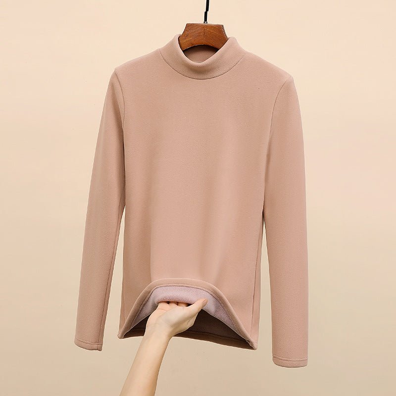 Women’s Semi - Turtleneck Velvet Slim Top – High - Stretch German Velvet Long Sleeve Shirt, Sweet Girl Style Winter 2025 - Negative Apparel