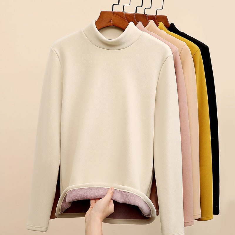 Women’s Semi - Turtleneck Velvet Slim Top – High - Stretch German Velvet Long Sleeve Shirt, Sweet Girl Style Winter 2025 - Negative Apparel