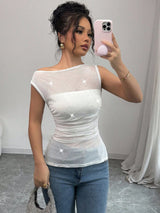 Women's sequins decorative pleats oblique collar pleats hem T-shirt - Negative Apparel