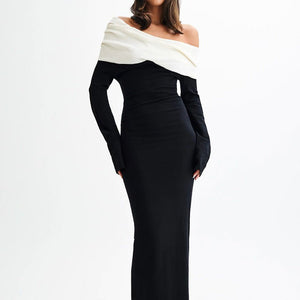 Women's Sexy & Elegant Black And White Contrast Off Shoulder Long Sleeve Fishtail Dress - Negative Apparel