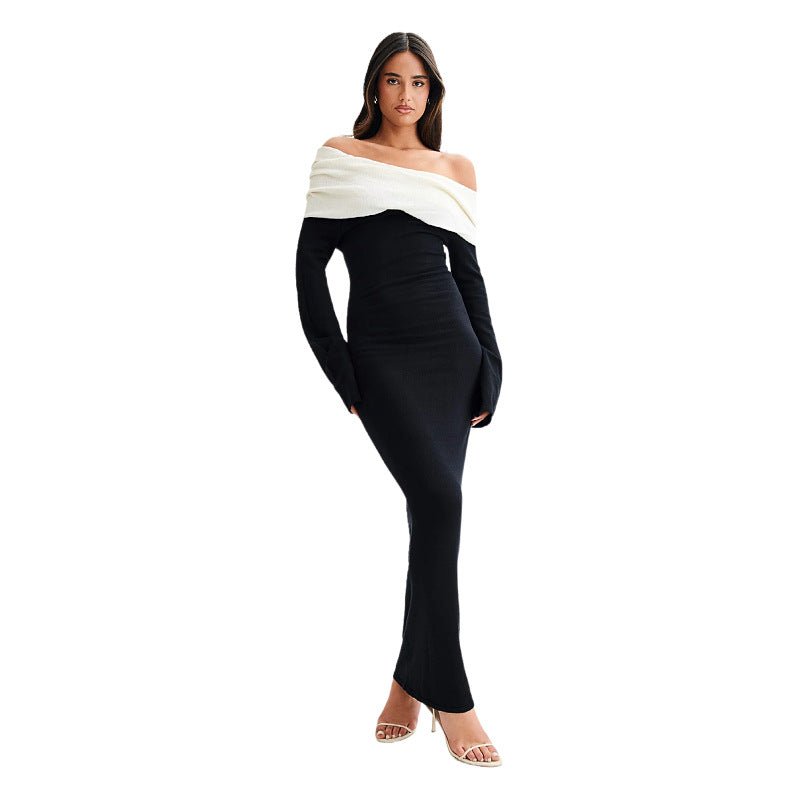 Women's Sexy & Elegant Black And White Contrast Off Shoulder Long Sleeve Fishtail Dress - Negative Apparel