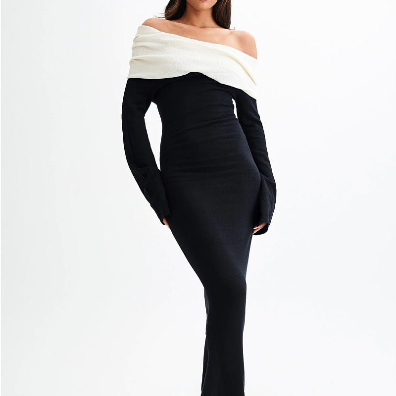 Women's Sexy & Elegant Black And White Contrast Off Shoulder Long Sleeve Fishtail Dress - Negative Apparel