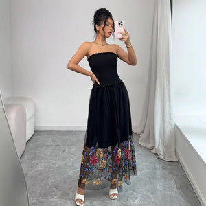 Women's sexy flower embroidered tube top dress, casual and simple - Negative Apparel