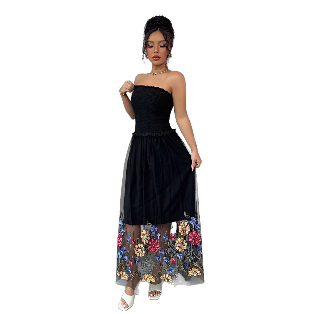 Women's sexy flower embroidered tube top dress, casual and simple - Negative Apparel