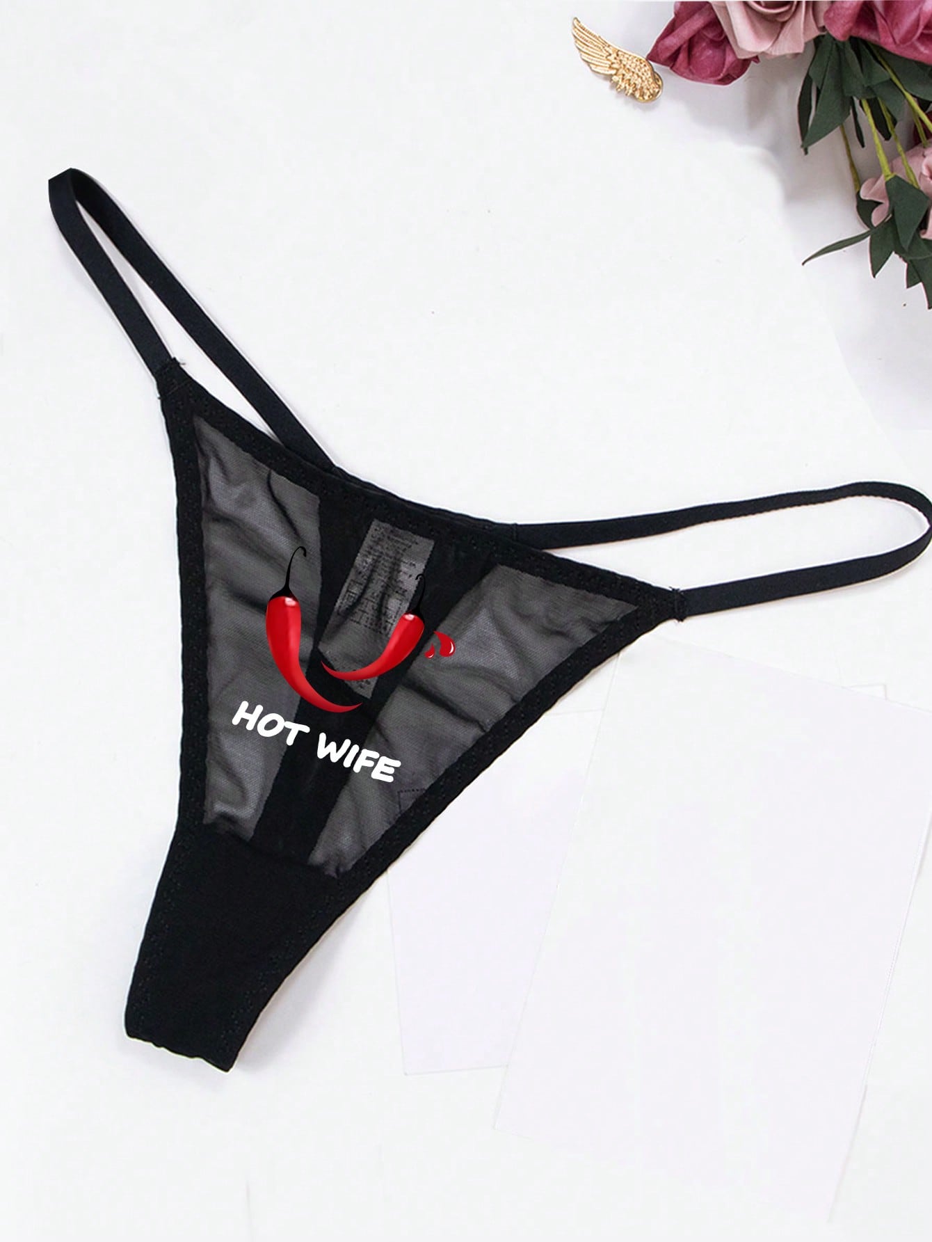 Women's Sexy Lace Red Pepper, Letter & Heart Printed Breathable Thong Panties - Negative Apparel