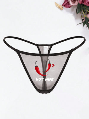 Women's Sexy Lace Red Pepper, Letter & Heart Printed Breathable Thong Panties - Negative Apparel