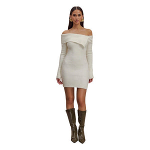 Women's sexy off - shoulder one - shoulder long - sleeved knitted dress - Negative Apparel