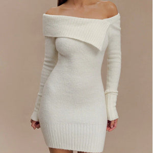 Women's sexy off - shoulder one - shoulder long - sleeved knitted dress - Negative Apparel