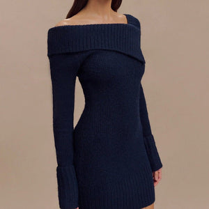 Women's sexy off - shoulder one - shoulder long - sleeved knitted dress - Negative Apparel