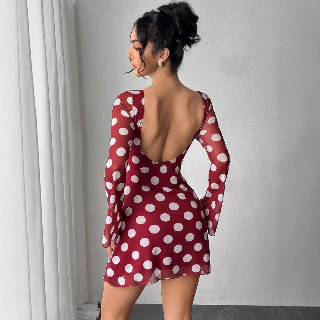 Women's sexy polka dot halter mesh horn sleeve mini dress - Negative Apparel