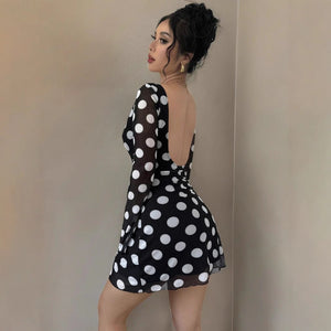 Women's sexy polka dot halter mesh horn sleeve mini dress - Negative Apparel