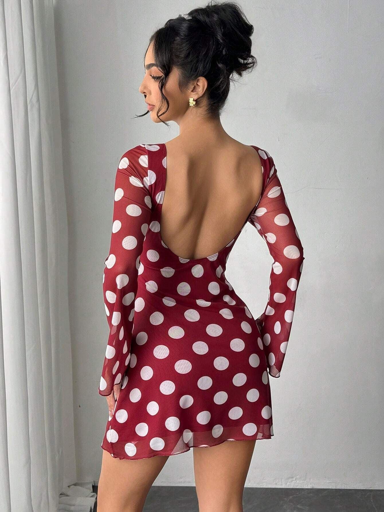 Women's sexy polka dot halter mesh horn sleeve mini dress - Negative Apparel