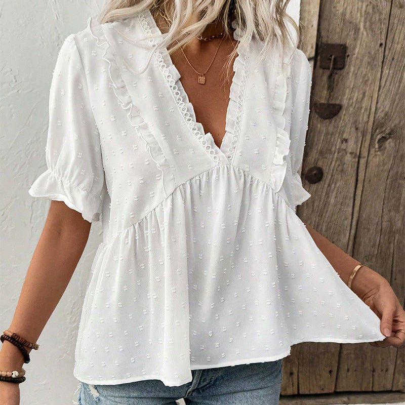 women's shirt 2025 summer vacation style an and n cut flower ball shirt short - sleeved lace - Negative Apparel
