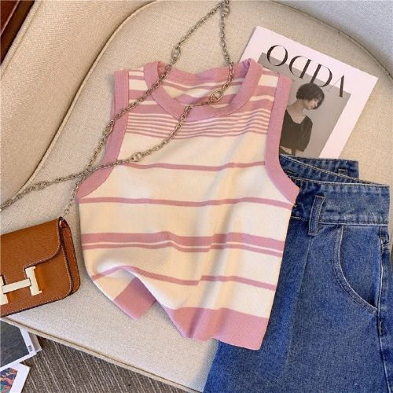 Women’s Sleeveless Striped Knit Sweater | Contrasting Colors Casual Top - Negative Apparel