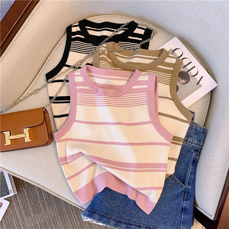 Women’s Sleeveless Striped Knit Sweater | Contrasting Colors Casual Top - Negative Apparel