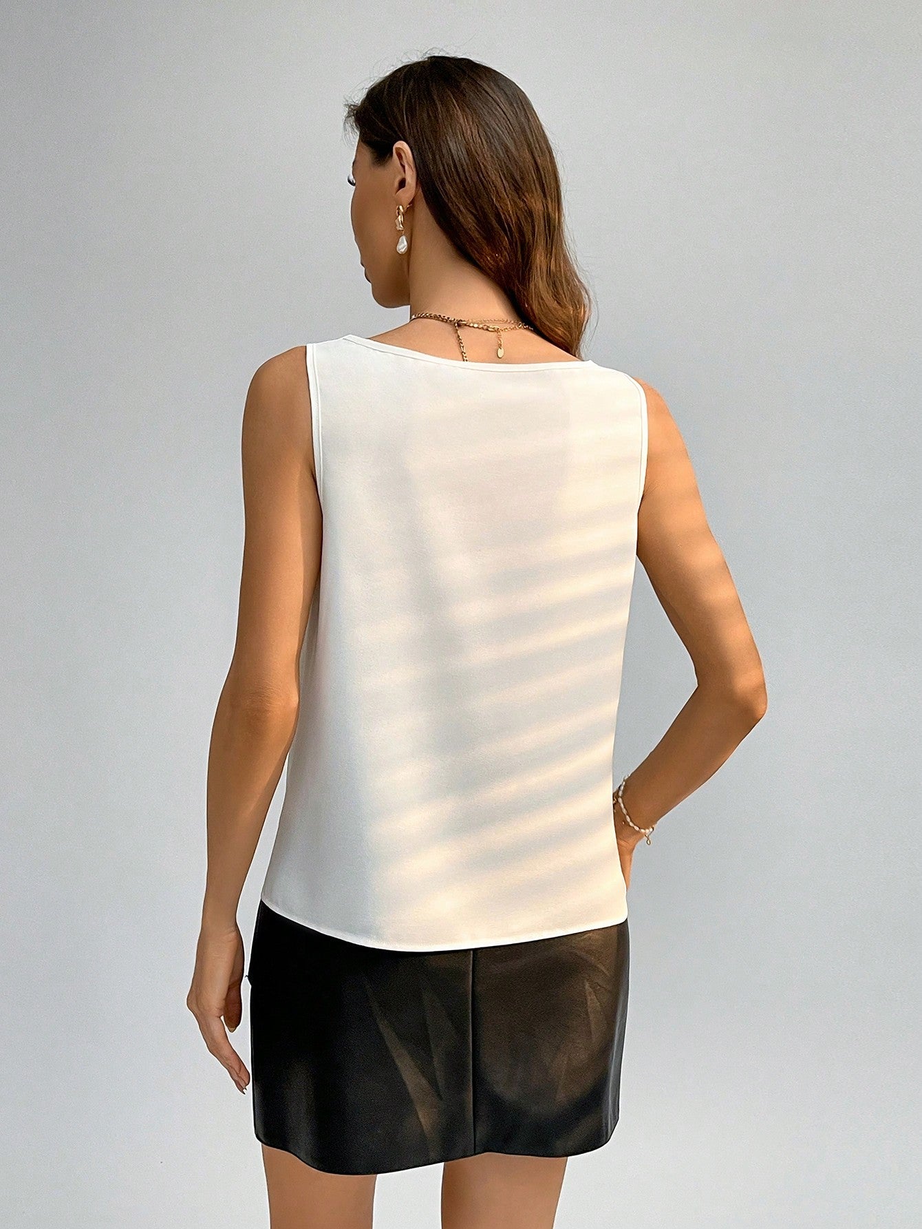 Women's Sleeveless Swing Collar Solid Color White Blouse Work Women Shirts,Sleeveless Tops - Negative Apparel