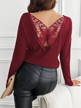 Women's solid color back splicing butterfly ribbed long - sleeved T-shirt top - Negative Apparel