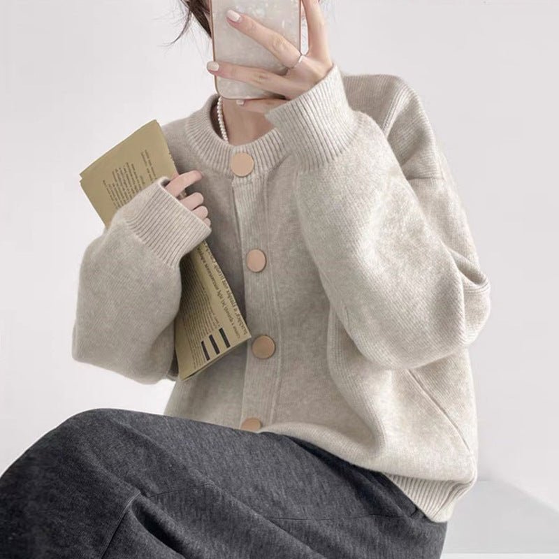 Women’s Solid Color Button Cardigan Sweater – Loose Fit Lazy Wind Knitwear, Autumn 2025 Collection - Negative Apparel
