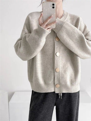 Women’s Solid Color Button Cardigan Sweater – Loose Fit Lazy Wind Knitwear, Autumn 2025 Collection - Negative Apparel