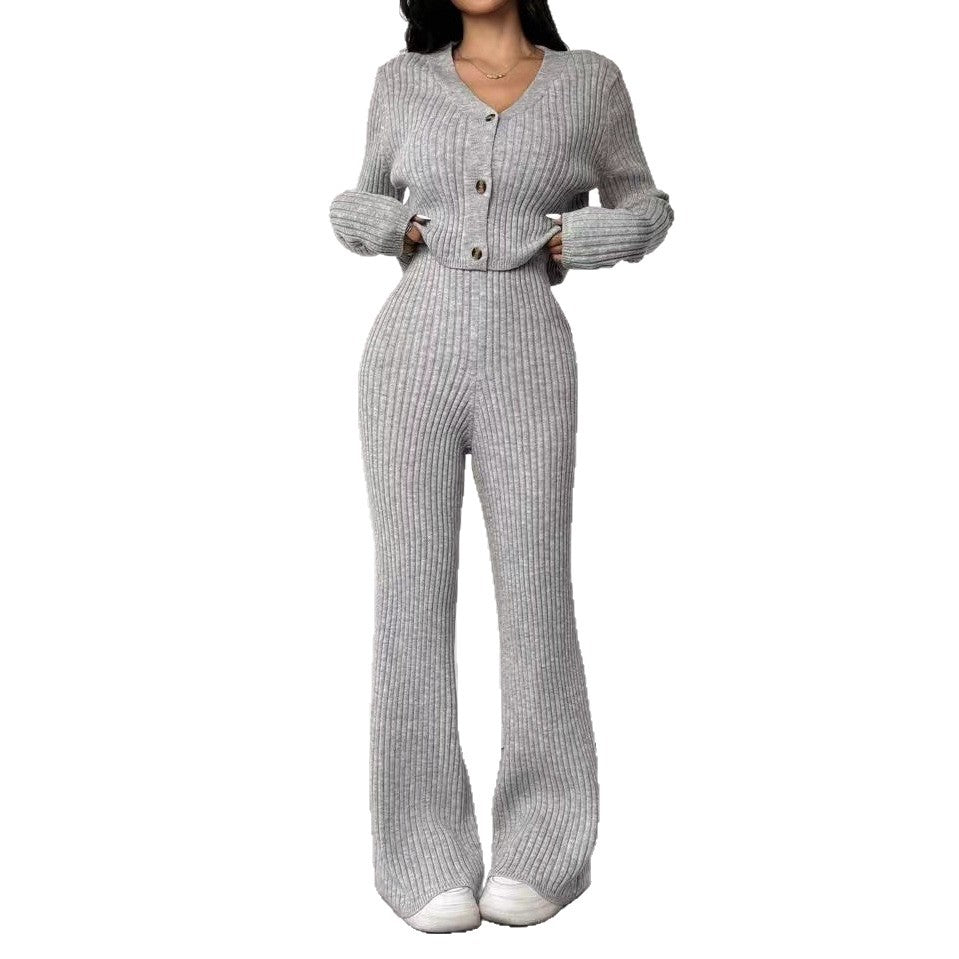 Women’s Solid Color Casual Suit – Elegant Long Sleeve Two - Piece Button Top Set, Autumn 2025 Collection - Negative Apparel