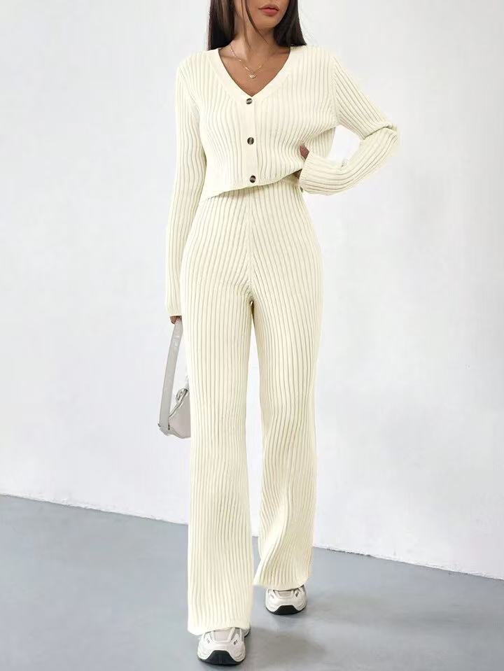 Women’s Solid Color Casual Suit – Elegant Long Sleeve Two - Piece Button Top Set, Autumn 2025 Collection - Negative Apparel