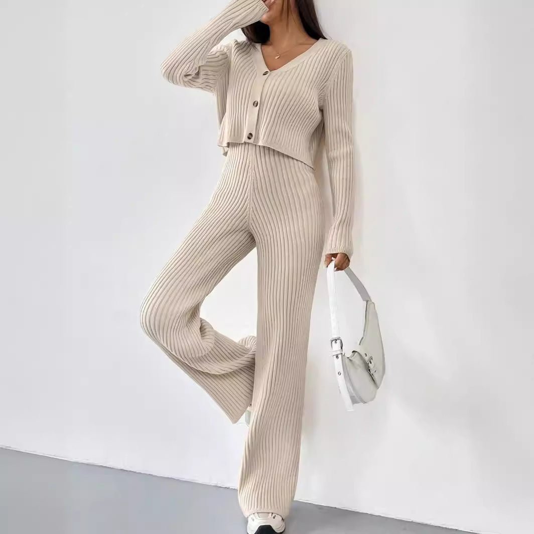 Women’s Solid Color Casual Suit – Elegant Long Sleeve Two - Piece Button Top Set, Autumn 2025 Collection - Negative Apparel