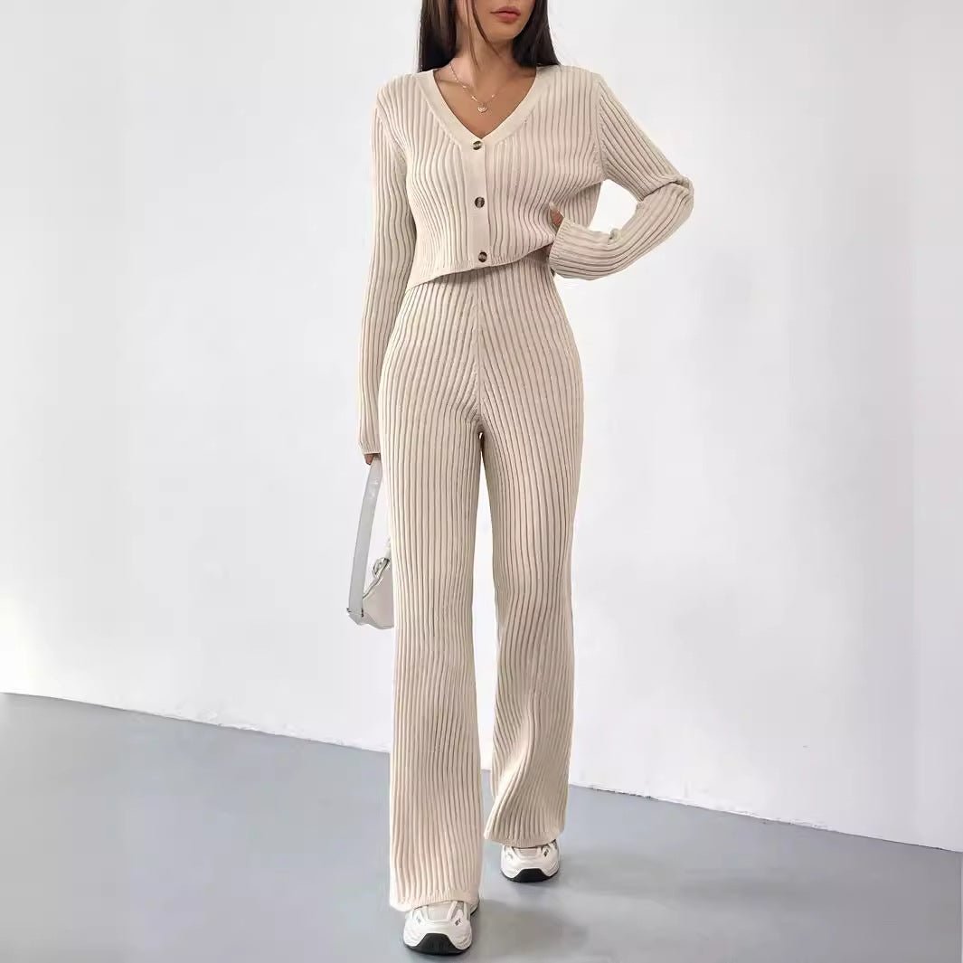 Women’s Solid Color Casual Suit – Elegant Long Sleeve Two - Piece Button Top Set, Autumn 2025 Collection - Negative Apparel