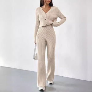 Women’s Solid Color Casual Suit – Elegant Long Sleeve Two - Piece Button Top Set, Autumn 2025 Collection - Negative Apparel