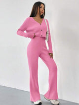 Women’s Solid Color Casual Suit – Elegant Long Sleeve Two - Piece Button Top Set, Autumn 2025 Collection - Negative Apparel