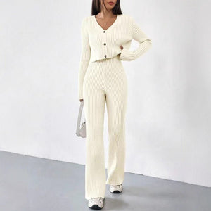 Women’s Solid Color Casual Suit – Elegant Long Sleeve Two - Piece Button Top Set, Autumn 2025 Collection - Negative Apparel