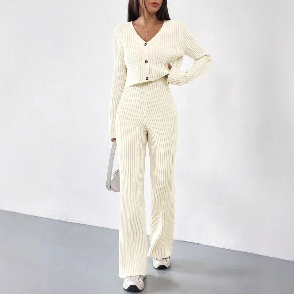 Women’s Solid Color Casual Suit – Elegant Long Sleeve Two - Piece Button Top Set, Autumn 2025 Collection - Negative Apparel