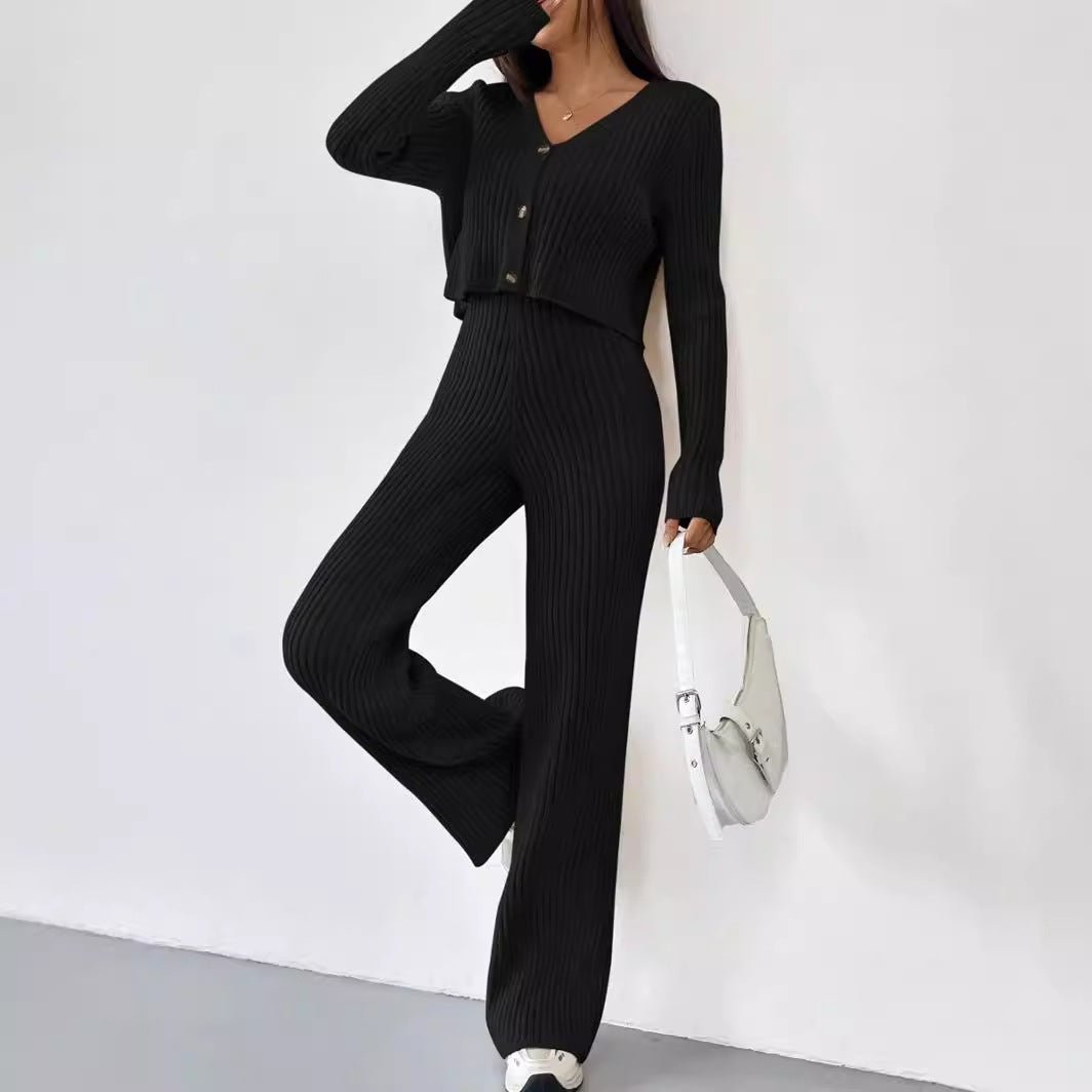 Women’s Solid Color Casual Suit – Elegant Long Sleeve Two - Piece Button Top Set, Autumn 2025 Collection - Negative Apparel