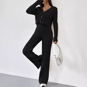 Women’s Solid Color Casual Suit – Elegant Long Sleeve Two - Piece Button Top Set, Autumn 2025 Collection - Negative Apparel