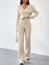 Women’s Solid Color Casual Suit – Elegant Long Sleeve Two - Piece Button Top Set, Autumn 2025 Collection - Negative Apparel