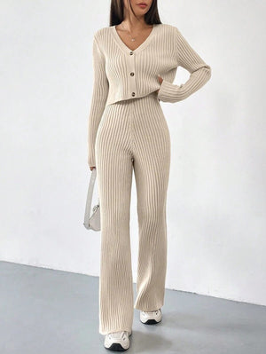 Women’s Solid Color Casual Suit – Elegant Long Sleeve Two - Piece Button Top Set, Autumn 2025 Collection - Negative Apparel
