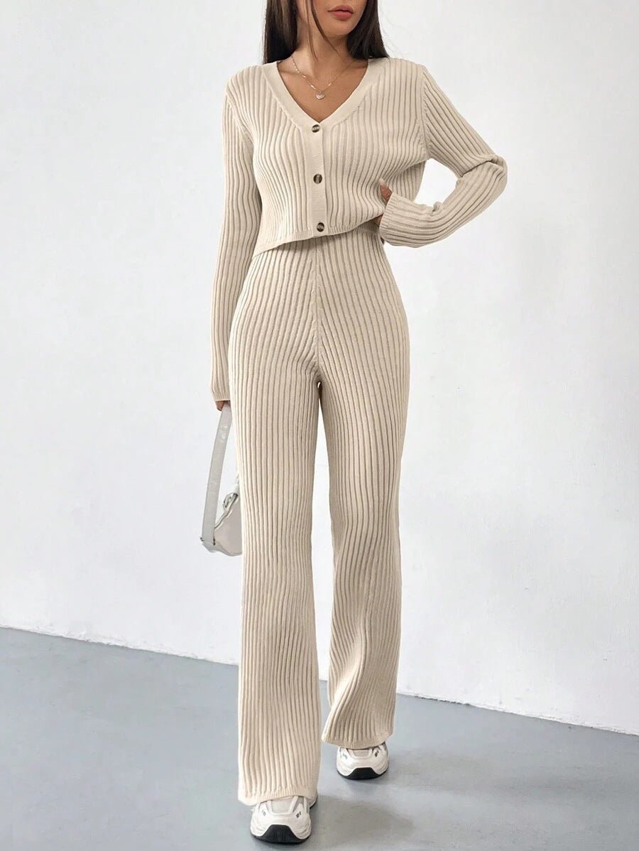 Women’s Solid Color Casual Suit – Elegant Long Sleeve Two - Piece Button Top Set, Autumn 2025 Collection - Negative Apparel