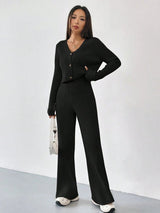 Women’s Solid Color Casual Suit – Elegant Long Sleeve Two - Piece Button Top Set, Autumn 2025 Collection - Negative Apparel