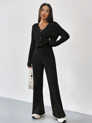 Women’s Solid Color Casual Suit – Elegant Long Sleeve Two - Piece Button Top Set, Autumn 2025 Collection - Negative Apparel